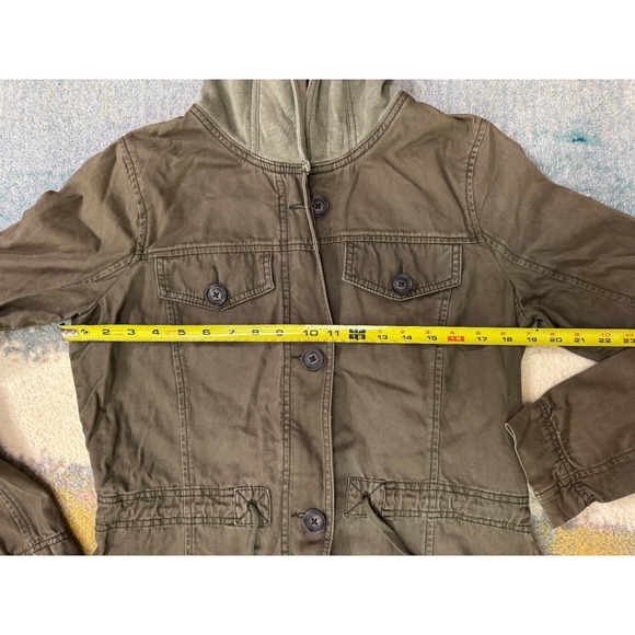 VTG‎ Hollister Utility Chore Jacket L Hood Army Green Zip Button Y2K Grunge - Picture 6 of 16